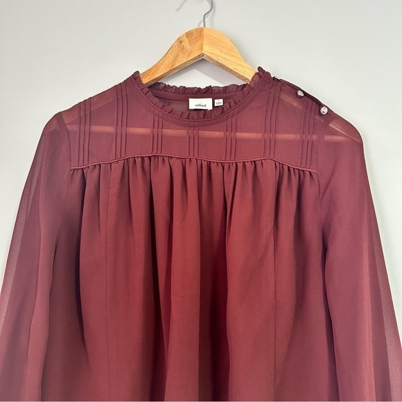 Aritzia Wilfred Deep Burgundy Lourdes Ruffled Crew Neck Blouse Size S - Picture 4 of 13